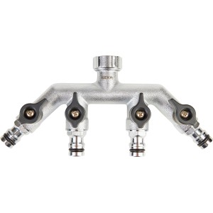 Geka Vierwegeventil Plus, silbernes Messing-Ventil mit vier Ausgängen für Gartenbewässerung.