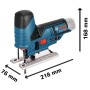 Bosch Professional Akku-Stichsäge GST 12 V-70 Solo, blau-schwarz, mit Sägeblatt und Maßen: 168x218x76 mm.