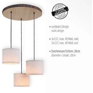 Just Light Pendelleuchte Bark mit Holzdekor und drei beigen Lampenschirmen.