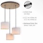 Just Light Pendelleuchte Bark mit Holzdekor und drei beigen Lampenschirmen.