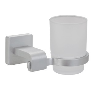Wand-Zahnputzglas Tolino: Milchglas-Becher mit Aluminium-Halterung in Silber matt.
