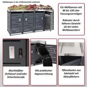 MCW Mülltonnenverkleidung H40b für 4 Tonnen, anthrazit, mit Pflanzkasten