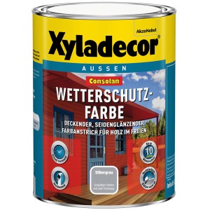 Dose Xyladecor Consolan Wetterschutzfarbe, Silbergrau, seidenglänzend, für Holz im Außenbereich.