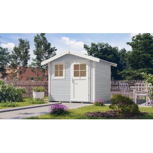 Graues Holz-Gartenhaus mit Satteldach, Fenster und Tür im Garten.