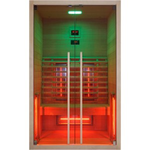 Sanotechnik Infrarotkabine Ruby 2 aus Hemlock-Holz mit Glasfront und Farblicht.