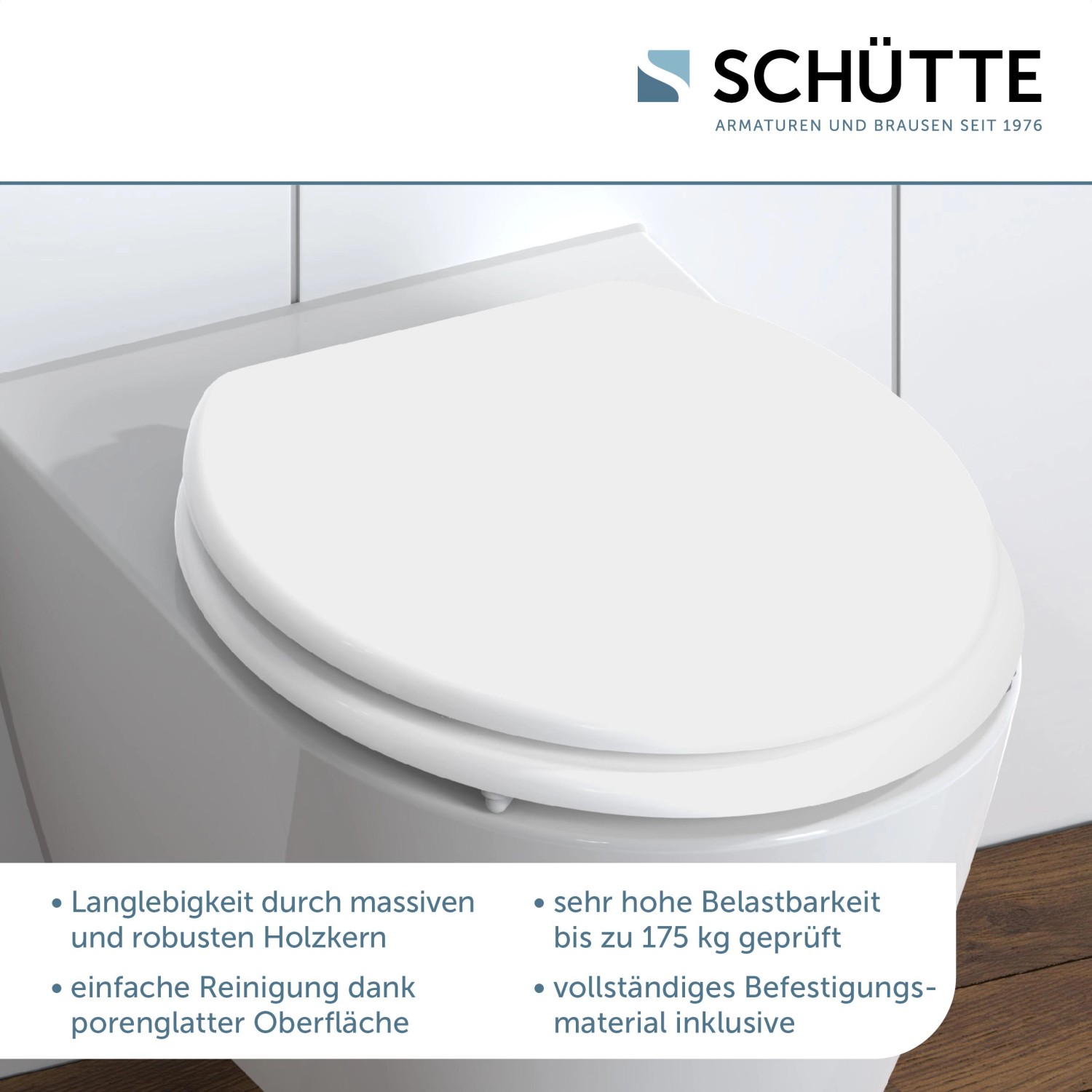 Weißer Schütte WC-Sitz mit Holzkern auf einer Toilette montiert.