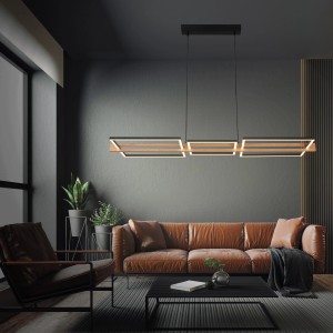 Moderne Briloner LED-Pendelleuchte Royk mit Holzdekor und warmweißem Licht über Wohnbereich.