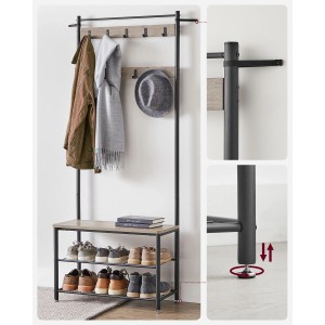 Songmics Garderobenständer Dacey mit Schuhbank, Haken, Greige-Schwarz. Garderobe mit Ablagen für Schuhe und Kleidung.