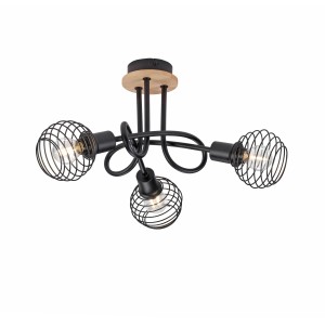 Just Light Spot Eugen, dreiflammige Deckenleuchte in Schwarz/Holz, Ø 44,5cm