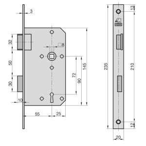 Technische Zeichnung Basi Einsteck Zimmertürschloss ES 921, Buntbart, 20mm Stulp, Maße, DIN Rechts.