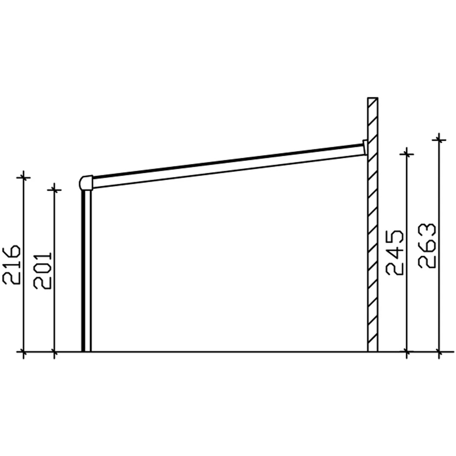 Technische Zeichnung der Skan Holz Terrassenüberdachung Garda, Aluminium Anthrazit, mit Maßangaben.
