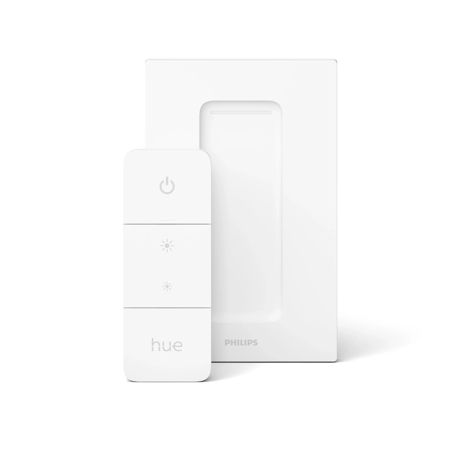 Weißer Philips Hue Dimmschalter mit Halterung zur Steuerung von Hue Leuchten.