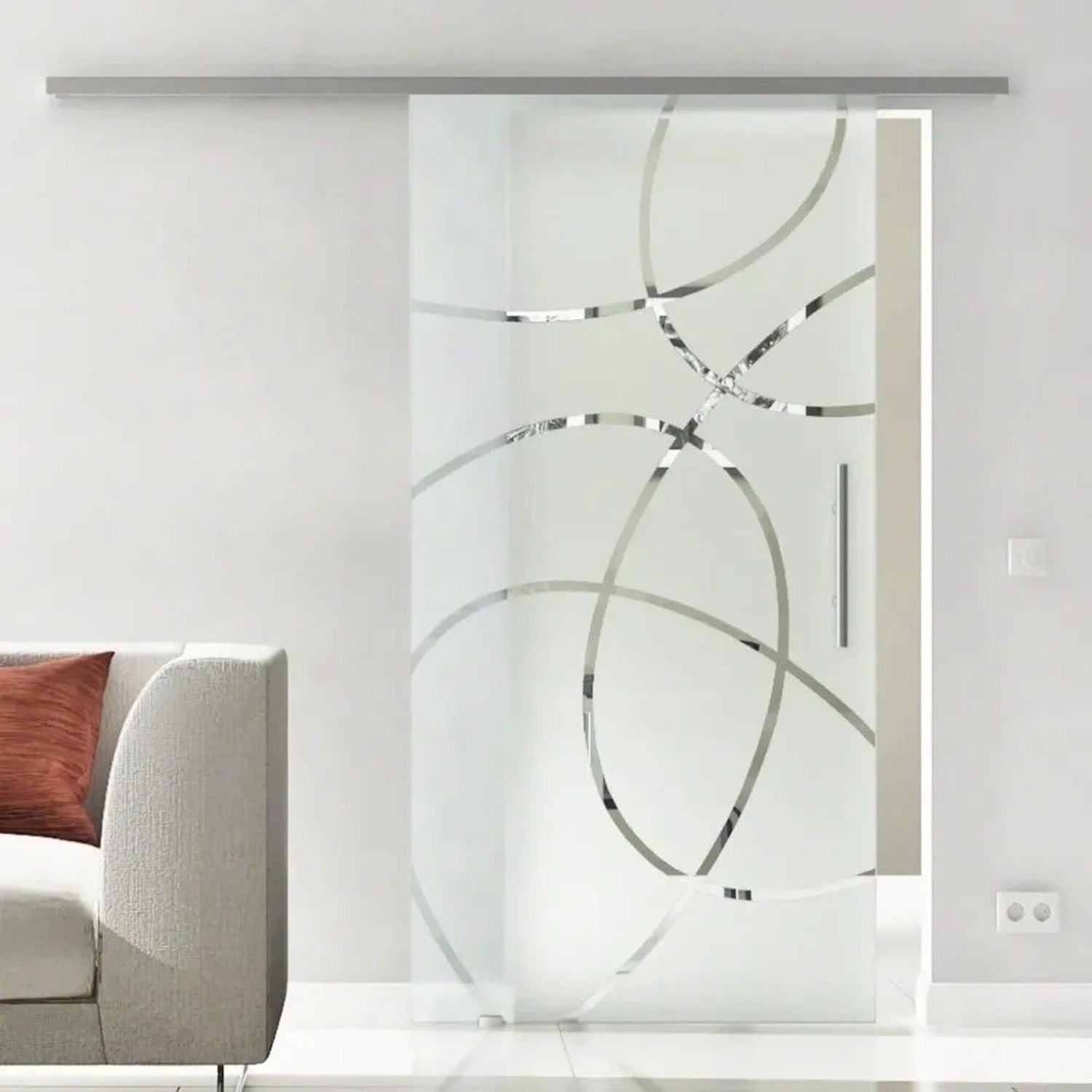 Levidor Glasschiebetür Freiburg, teilsatiniert mit eleganten Linien, Edelstahl Stangengriff. Modern & platzsparend.