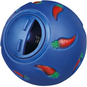 Blauer Trixie Snackball aus Kunststoff mit Karotten-Motiv, ø 7 cm.