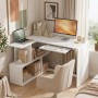 Weißer L-förmiger Computertisch aus Spanplatte mit integriertem Regal und Tastaturablage für das Home Office.