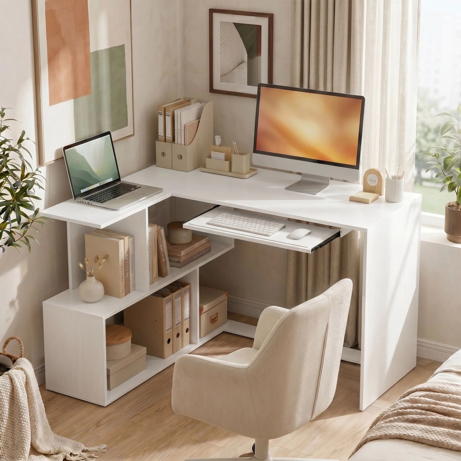 Weißer L-förmiger Computertisch aus Spanplatte mit integriertem Regal und Tastaturablage für das Home Office.