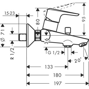Technische Zeichnung: Hansgrohe Ecos Wannenarmatur Aufputz, Chrom, mit Maßangaben für Installation.