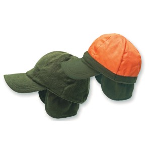 Scheibler Workwear Fleececap Hunter in Oliv und Orange, Arbeitskleidung mit Ohrenschutz.