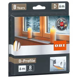 Verpackung der OBI Türdichtung/Fensterdichtung aus Gummi, D-Profil, weiß, 6m Länge.