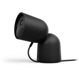 Schwarze Philips Hue Secure Kamera mit Standfuß für Innen- und Außenbereich.