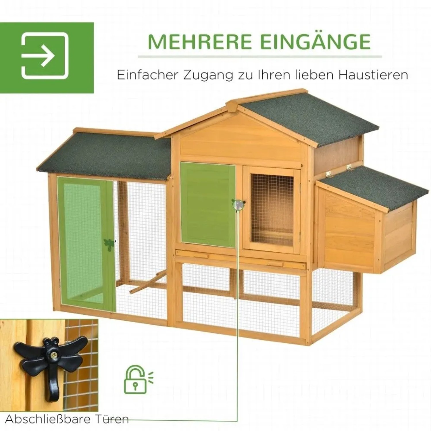 PawHut Zwerghühnerstall aus Holz mit grünem Dach, großem Auslauf, Nistkasten und mehreren Eingängen.