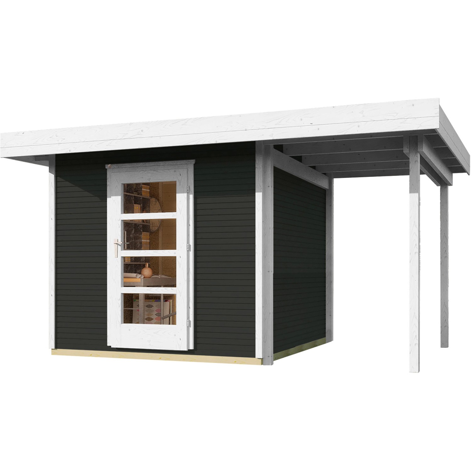 Lasiertes Weka Holz-Gartenhaus WekaLine mit Flachdach und Anbau, 445x377 cm.