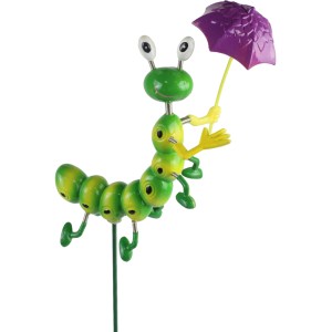 Lustiger Gartenstecker: Grüne Raupe mit lila Schirm, 42 cm hoch, als farbenfrohe Gartendeko.