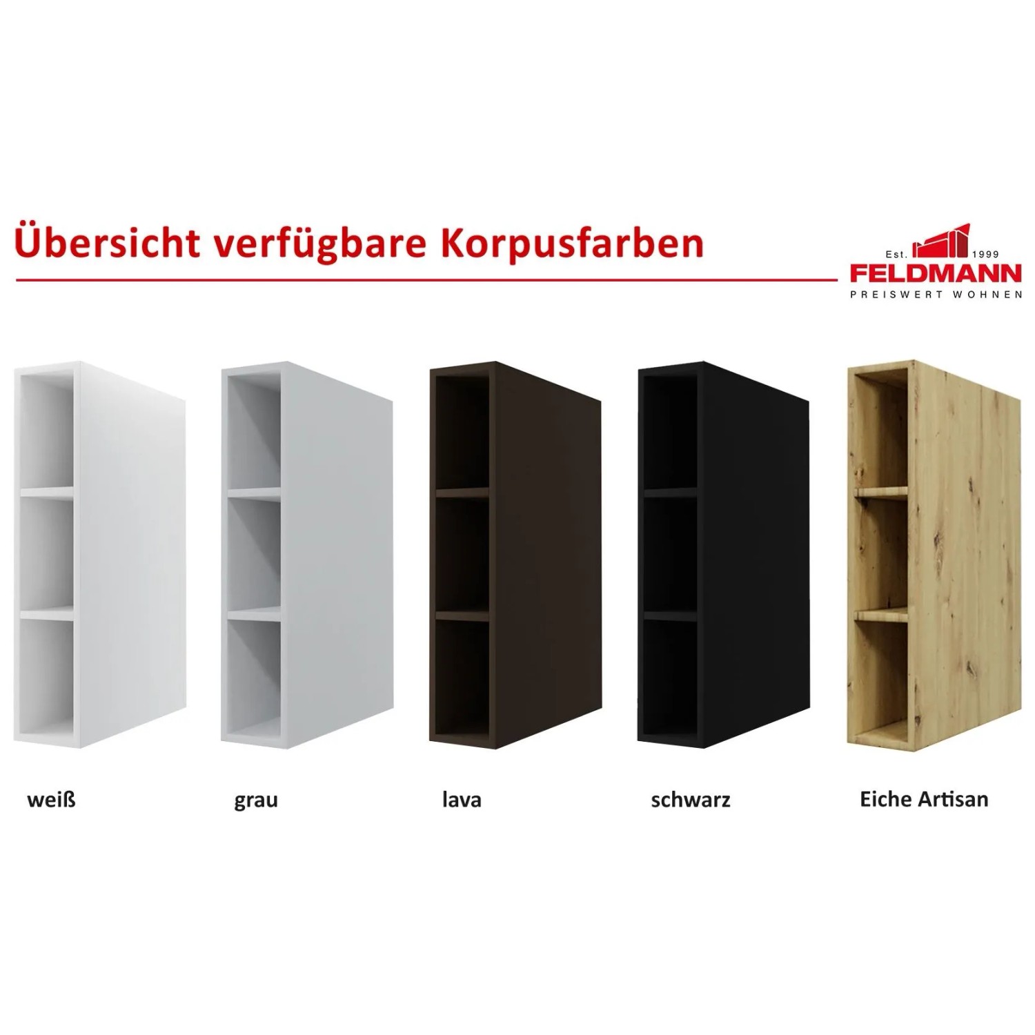 Übersicht der Korpusfarben für Brerra Küchenschränke: weiß, grau, lava, schwarz, Eiche Artisan.