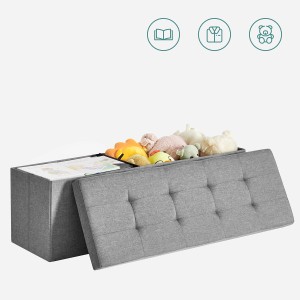 Graue Songmics Sitzbank mit Stauraum, 110 cm breit, gefüllt mit Spielzeug.