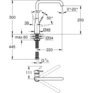 Technische Zeichnung Grohe Essence Küchenarmatur mit Maßen und Details.