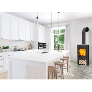 Schwarzer Fireplace Tuvalu Kaminofen mit Specksteinverkleidung und Holzscheiten im modernen Wohnraum.