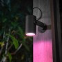 Schwarzer Philips Hue Lily Gartenstrahler leuchtet pink auf Holzpfosten im Dunkeln. Smartes Außenlicht Set.