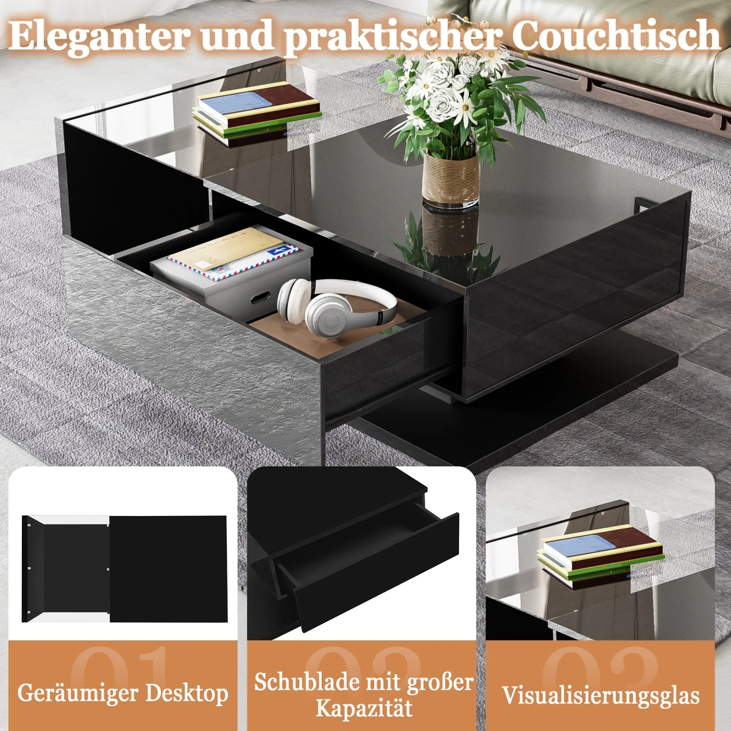 Schwarzer Hochglanz Couchtisch mit Glasplatte, LED-Effekt und integrierter Schublade. Moderner Wohnzimmertisch mit Ablage.