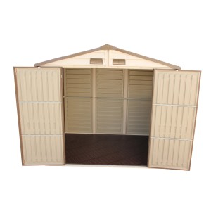 Offenes Duramax Kunststoff-Gartenhaus WoodSide Beige 7,6 m² mit Doppeltür und Belüftung.