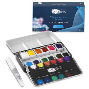 Artina Colaro Aquarellfarben 12er Set mit Pinselstift im Metallkasten.