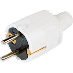 Weißer Schutzkontaktstecker aus PVC für den Innenbereich.