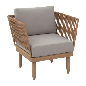 Balkonsessel Trons aus Akazie mit Wicker-Geflecht und grauen Auflagen.