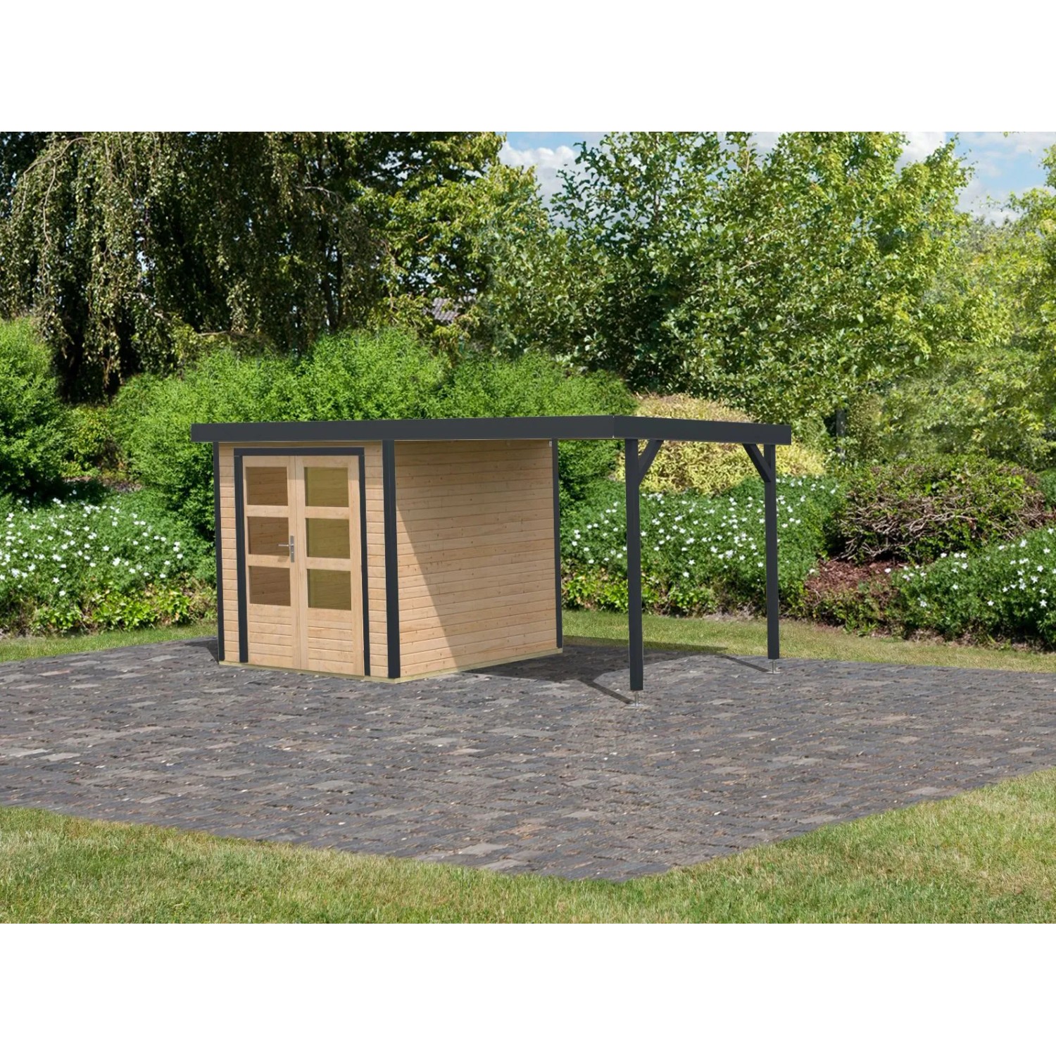 Karibu Gartenhaus Set Ernesto A mit Anbaudach, naturbelassen/anthrazit, 4,45 m².