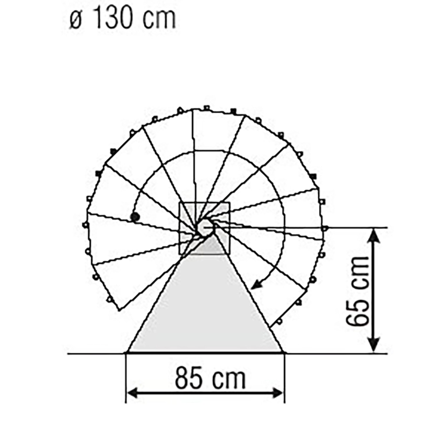 Skizze der Treba Arizona Außenspindeltreppe, 130 cm Durchmesser, mit Maßangaben.