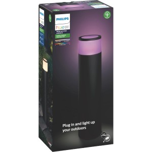 Verpackung der Philips Hue Calla LED Sockelleuchte für den Außenbereich, mit farbigem Licht.