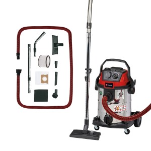 Einhell TE-VC 2025 SACL Nass-Trockensauger mit Zubehör wie Düsen, Filter und Schlauch.