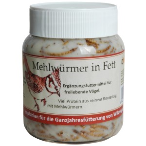 Glas mit Mehlwürmer in Fett (240g) für Wildvögel. Ergänzungsfutter mit viel Protein.