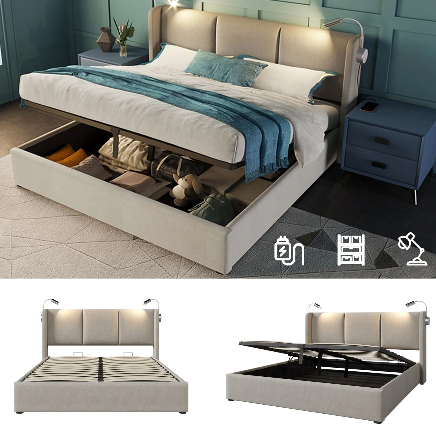 okwish Polsterbett 160x200cm mit Stauraum USB Leselicht Jugendzimmer Beige ohne Matratze_7