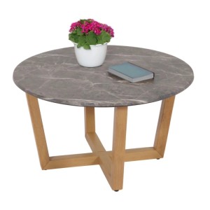 Runder Couchtisch M61 mit Marmor-Optik und hellem Holzgestell. Wohnzimmertisch mit Blumen und Buch.