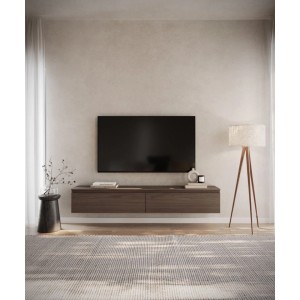 Selsey TV-Hängeboard Bemmi 175 cm in Nussbaum-Holzoptik, schwebend unter einem Fernseher im modernen Wohnzimmer.