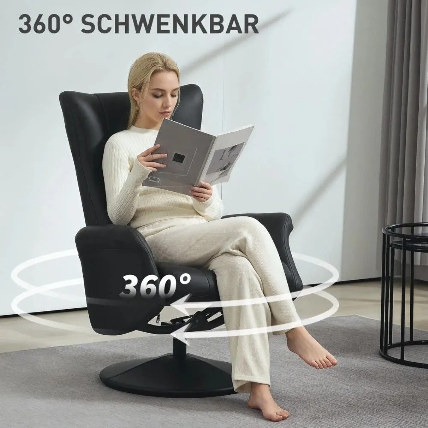 Schwarzer HOMCOM Relaxsessel aus Kunstleder mit 360° Drehfunktion. Eine Frau liest entspannt im Loungesessel.