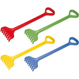 Happy People Sandspielzeug Harke, 4-fach sortiert in Rot, Gelb, Grün und Blau.