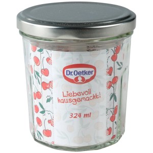 Dr. Oetker Einmachglas, 324 ml, transparent mit Kirschmuster und silbernem Deckel.