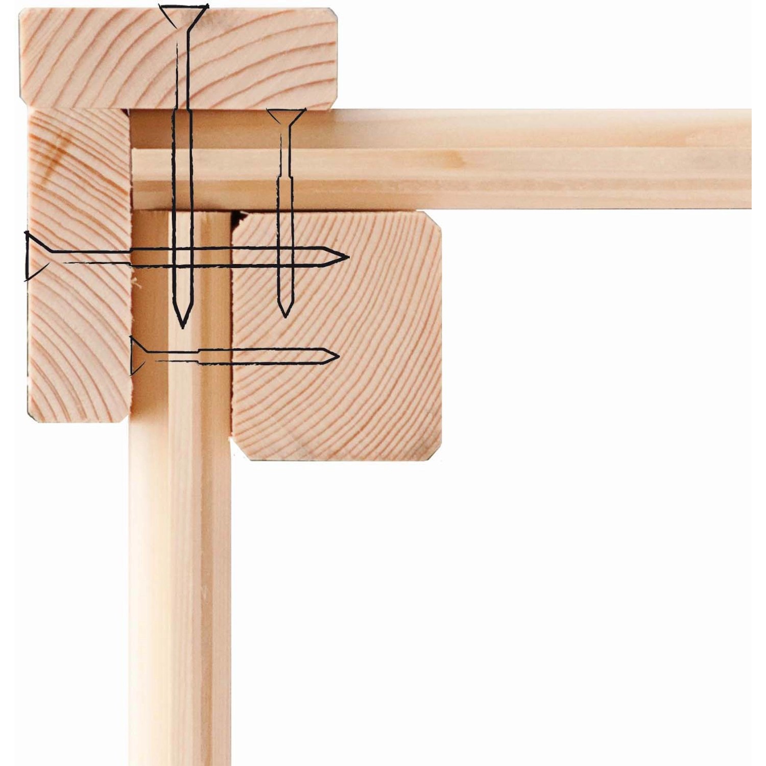 Detailaufnahme der Eckverbindung des Karibu Holz-Gartenhauses mit Schrauben.
