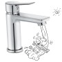 baliv Waschtischarmatur WT-600 Chrom mit Pop-Up Ventil und Wasserfluss-Illustration.